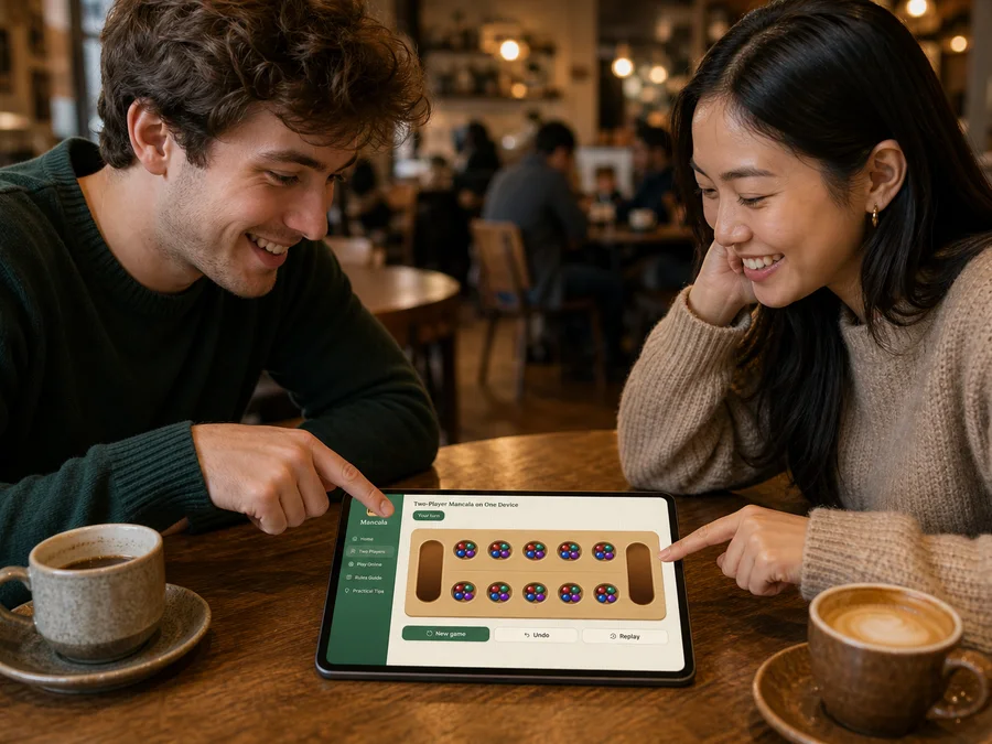 Two players sharing one device for a face-to-face Kalah mancala game